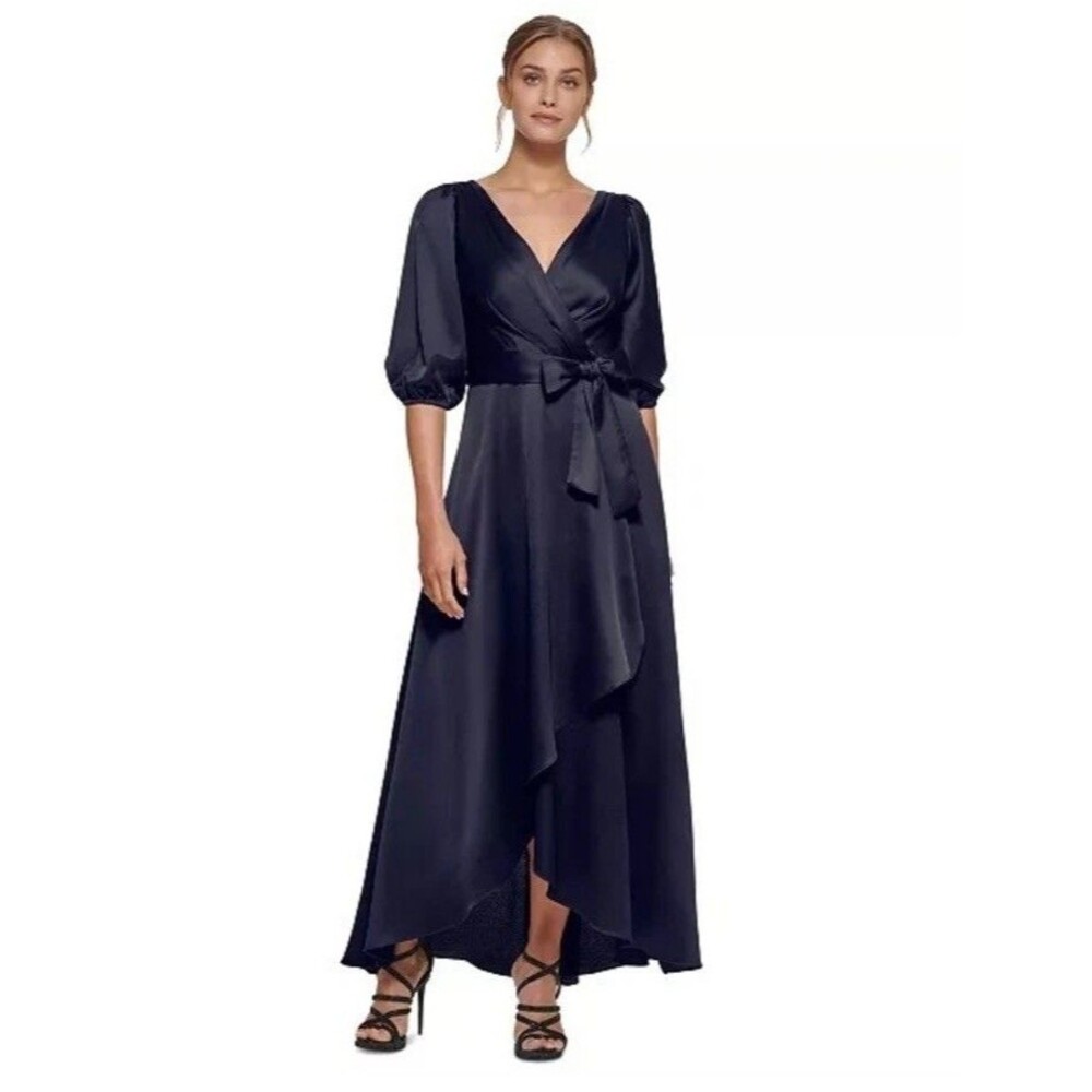 NWT DKNY Balloon Half Sleeve Faux Wrap Long Dress Size 4 Navy Cocktail Evening